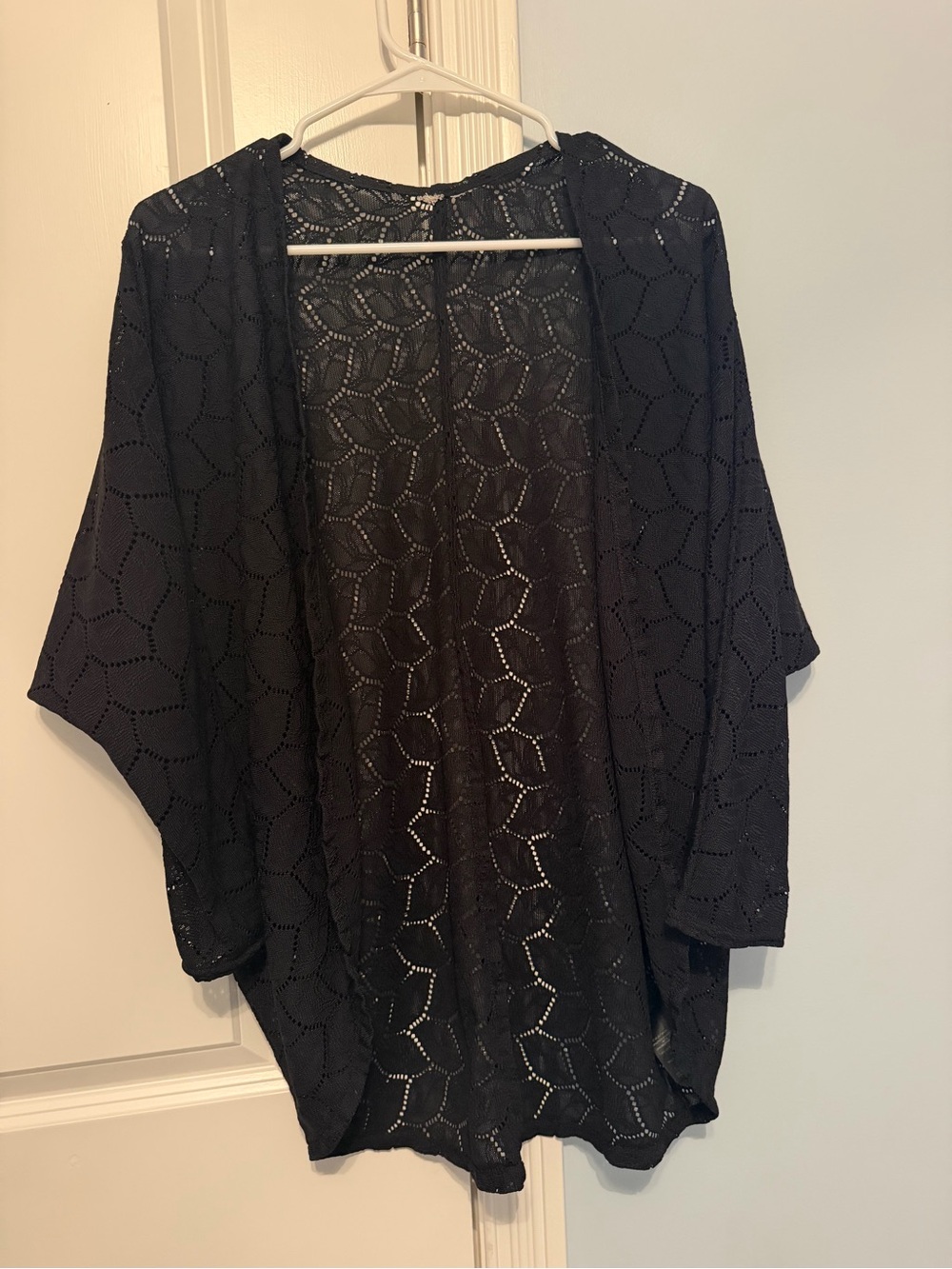 Black Open-Front Crochet Kimono Sleeve Top
